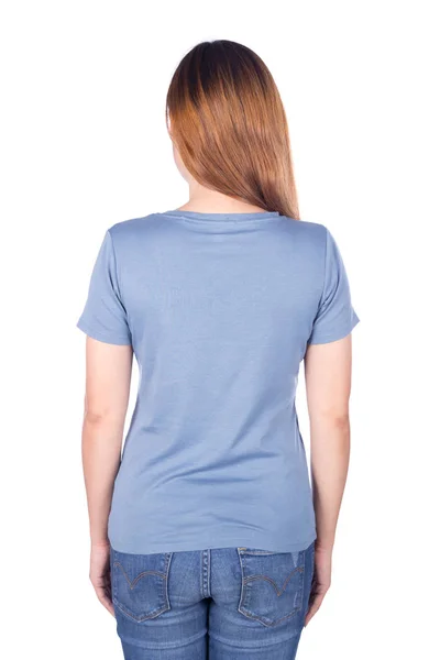 Femme en t-shirt bleu isolé sur fond blanc (face arrière ) — Photo