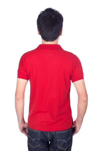 Beyaz arka plan üzerinde (arka yüzüne izole kırmızı polo tişörtlü adam) — Stok fotoğraf