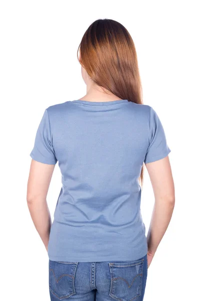 Woman in blue t-shirt isolated on white background (back side) Royalty Free Stock Images