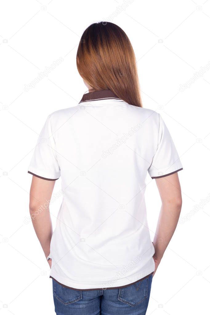 woman in white polo shirt isolated on white background (back sid