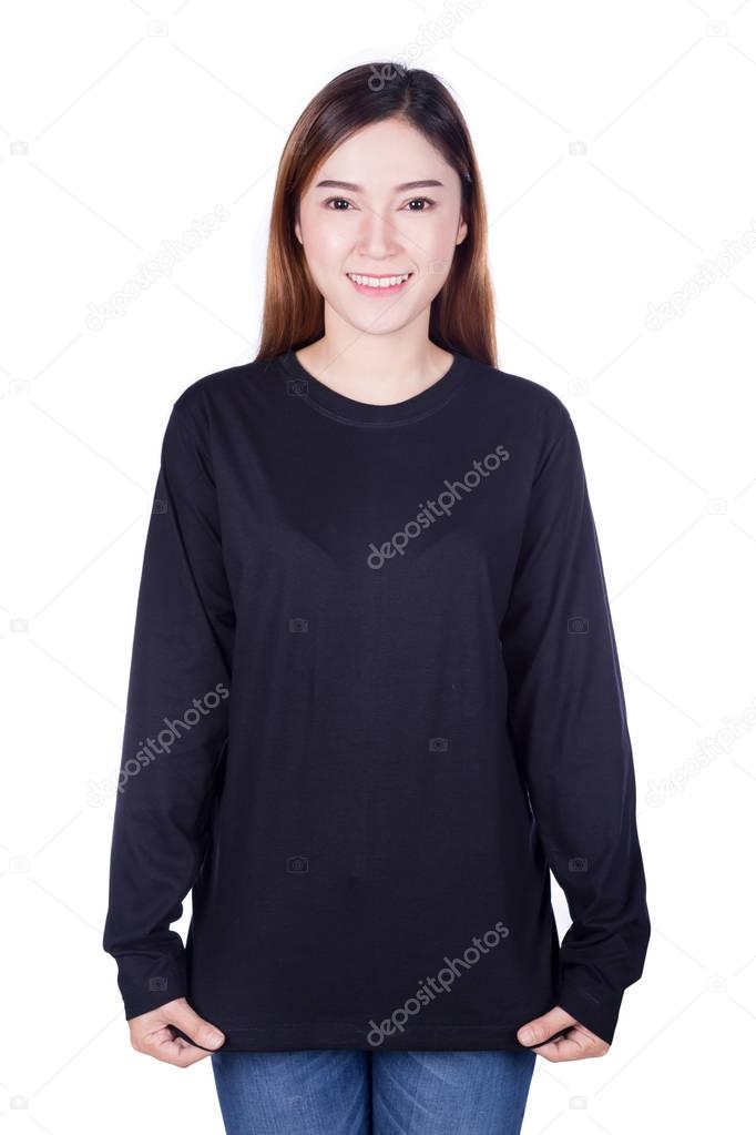 woman in black long sleeve t-shirt isolated on a white backgroun