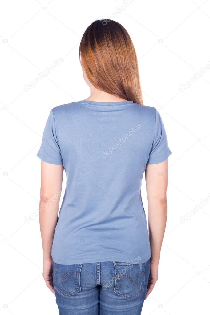 woman in blue t-shirt isolated on white background (back side)