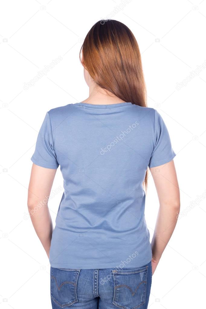 woman in blue t-shirt isolated on white background (back side)