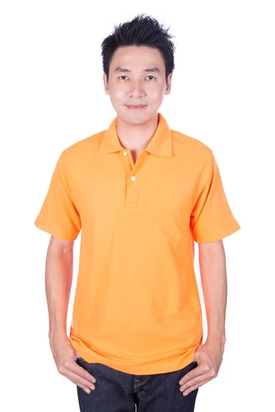 Homme en polo orange isolé sur fond blanc — Photo