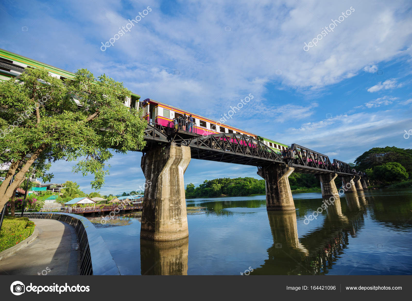 Train on the Bridge River Kwai in Kanchanaburi, Thailand Stock