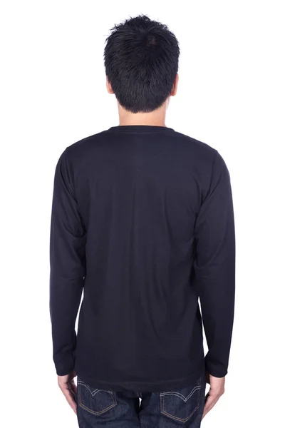 Hombre en camiseta negra de manga larga aislada sobre fondo blanco (b —  Fotos de Stock