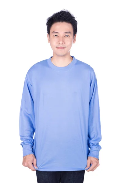 Mężczyzna w niebieskiej koszulce z długim rękawem odizolowany na białym tle — Zdjęcie stockowe