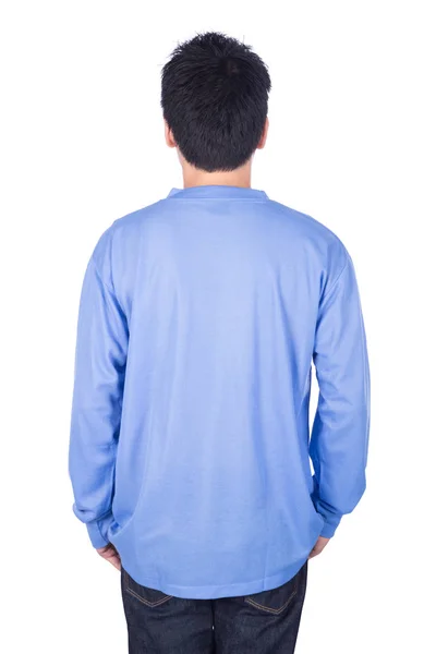 Мужчина в синей футболке с длинным рукавом на белом фоне (ба — стоковое фото