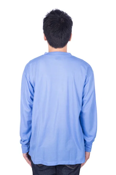 Mand i blå langærmet t-shirt isoleret på hvid baggrund (ba - Stock-foto