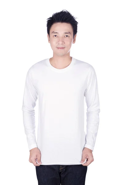 Man i vit långärmad t-shirt isolerad på en vit bakgrund — Stockfoto