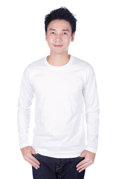 Homem de manga comprida branca t-shirt isolado em um fundo branco — Fotografia de Stock