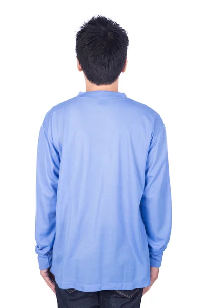 Man in blue long sleeve t-shirt isolated on white background (ba Stock Picture