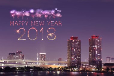 2018 mutlu yeni yıl havai fişek ışıltı geceleri, Odaiba, Tokyo, Japon