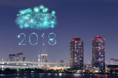 2018 mutlu yeni yıl havai fişek ışıltı geceleri, Odaiba, Tokyo, Japon