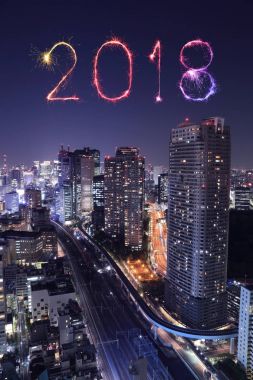 2018 mutlu yeni yıl havai fişek ışıltı ile Tokyo cityscape, Japonya