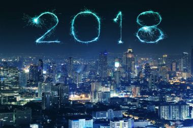2018 mutlu yeni yıl havai fişek Bangkok cityscape gece, inci ile