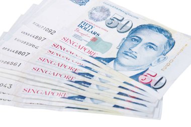 Beyaz adam izole Singapur banknot dolar (50 Sgd)