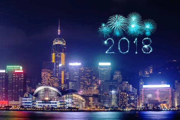 2018 glückliches neues jahr feuerwerk funkeln mit hong kong stadtbild — Stockfoto