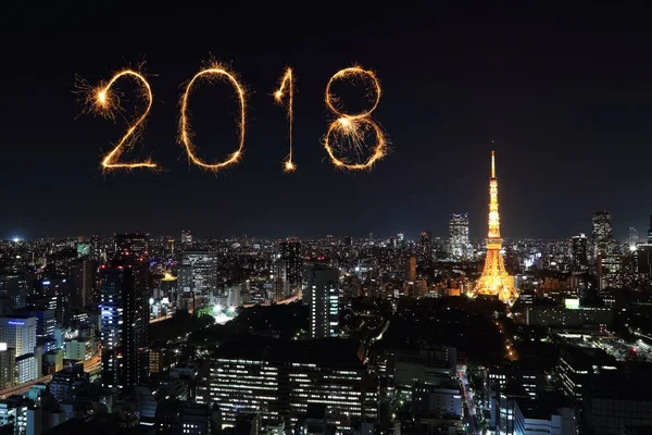 Šťastný nový rok ohňostrojem 2018 jiskřit panoráma města Tokyo, Japonsko — Stock fotografie