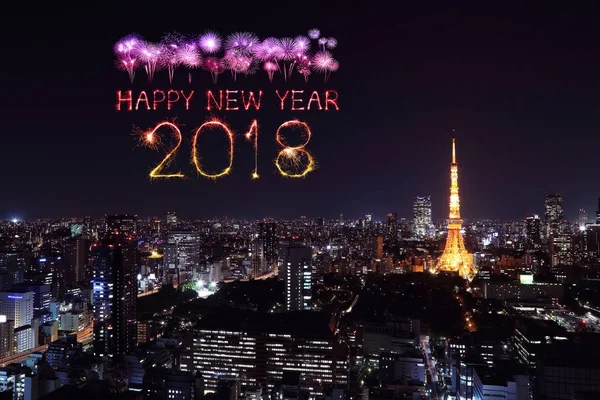 Fajerwerk szczęśliwego nowego roku 2018 blask z gród Tokyo, Japonia — Zdjęcie stockowe
