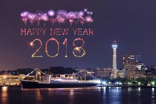 2018 Happy new year firework Sparkle with Yokohama cityscape, Ja