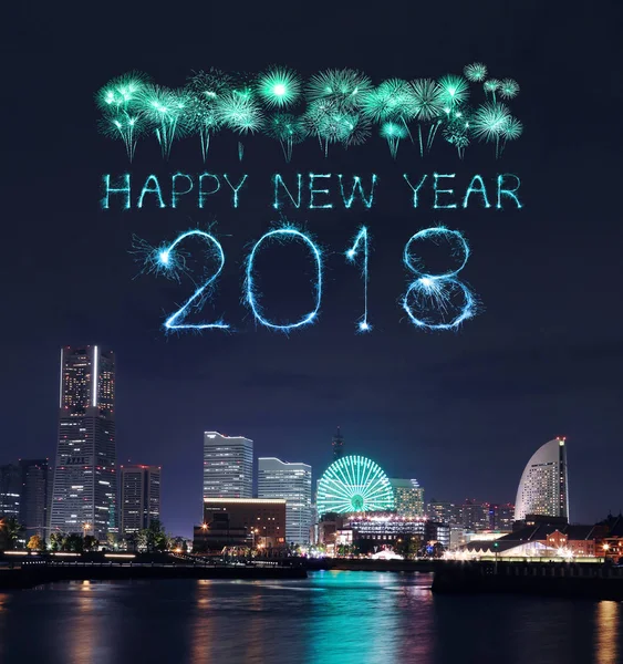 2018 Happy new year firework Sparkle with Yokohama cityscape, Ja
