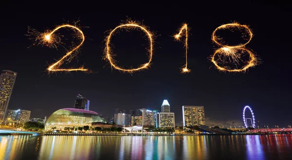 Šťastný nový rok ohňostrojem s panoráma Singapuru v noci 2018 — Stock fotografie