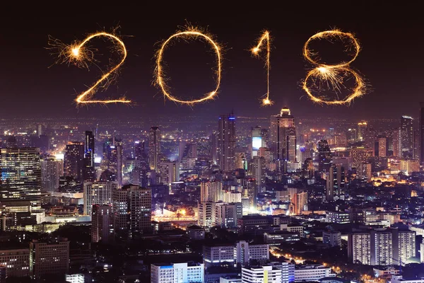 2018 Happy new year firework with Bangkok cityscape at night, Th