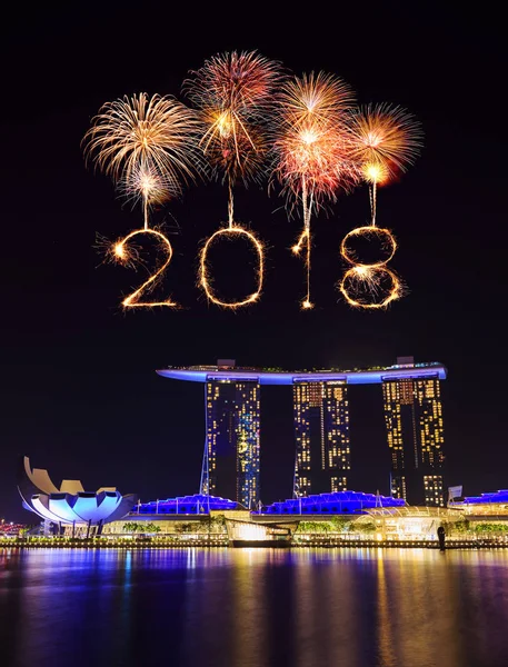밤에 싱가포르 도시와 2018 해피 뉴가 어 불꽃놀이 스톡 사진