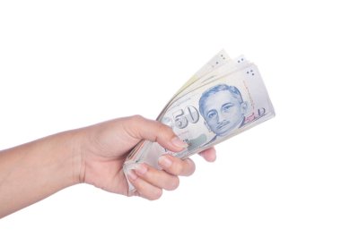 Singapur banknot dolar (50 Sgd) üzerinde beyaz izole el