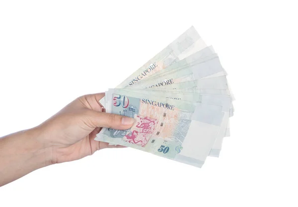 Hand with Singapore banknotes dollars (50 SGD) isolated on white — Stock Photo, Image