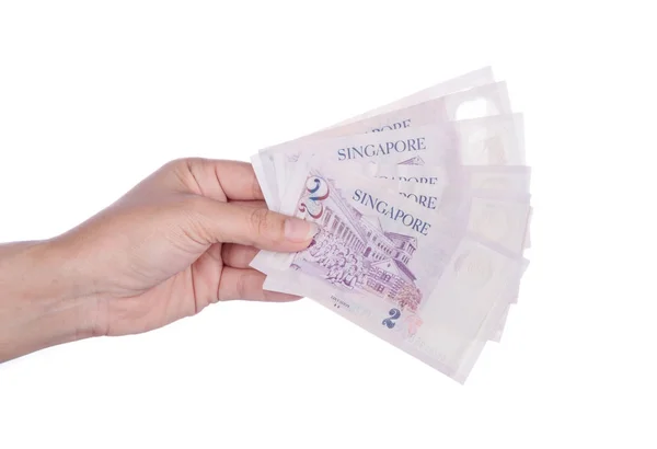 Singapur banknot dolar (2 Sgd) üzerinde beyaz izole el — Stok fotoğraf