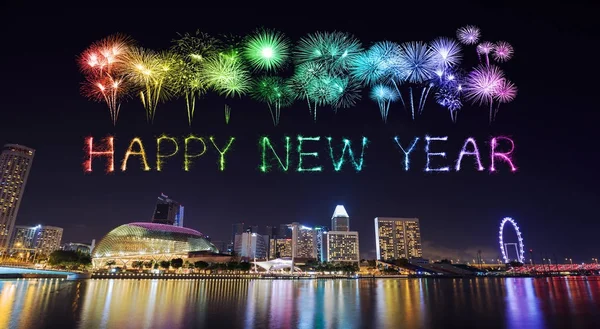 Šťastný nový rok ohňostrojem s panoráma Singapuru v noci 2018 — Stock fotografie
