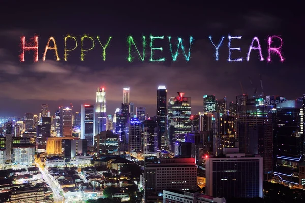 Šťastný nový rok ohňostrojem s panoráma Singapuru v noci — Stock fotografie