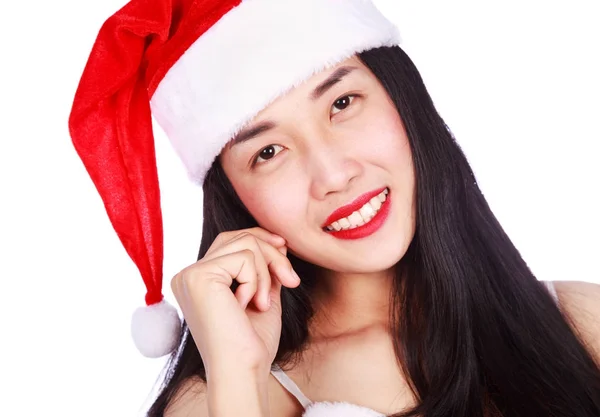 Счастливая женщина в одежде Санта-Клауса изолированы на белом фоне — стоковое фото