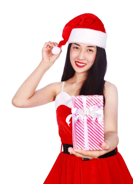 Lycklig kvinna i jultomte kläder med presentask isolerad på whi — Stockfoto