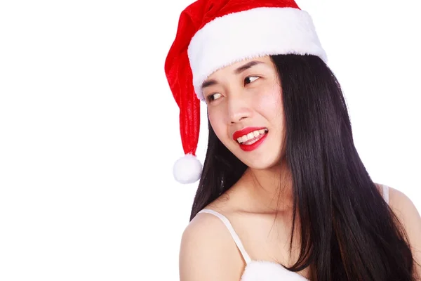 Šťastná žena v šatech Santa Claus izolovaných na bílém pozadí — Stock fotografie