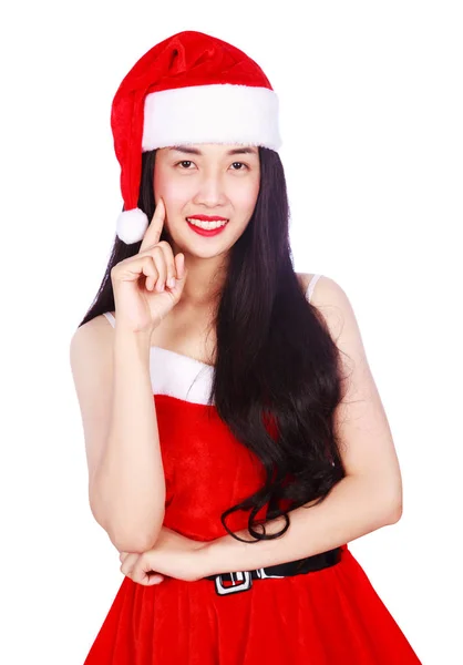 Kvinnan som tänker i jultomte kläder isolerad på vit backgrou — Stockfoto