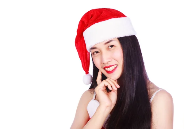 Žena myslí v Santa Clause oblečení izolovaných na bílém poz — Stock fotografie