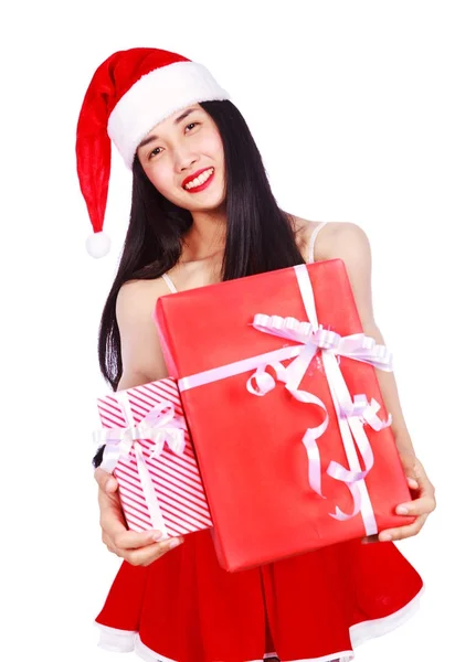 Mujer feliz en Santa Claus ropa con caja de regalo aislado en whi — Foto de Stock