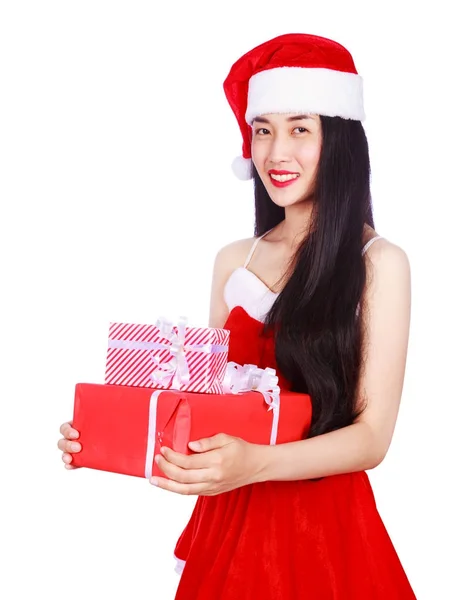 Mujer feliz en Santa Claus ropa con caja de regalo aislado en whi — Foto de Stock