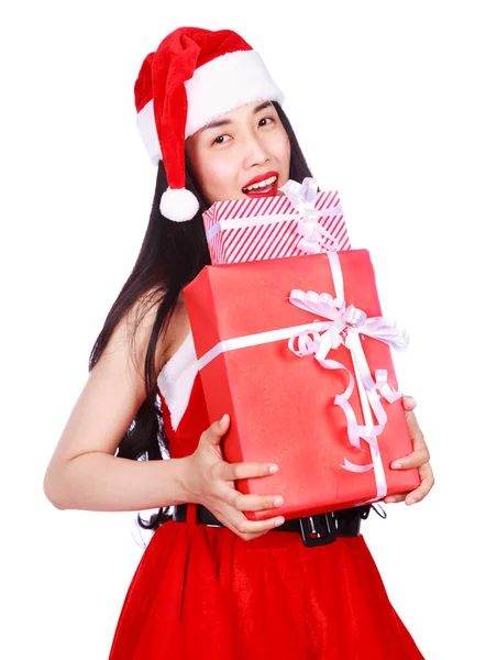 Mujer feliz en Santa Claus ropa con caja de regalo aislado en whi — Foto de Stock