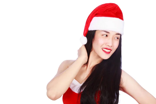 Lycklig kvinna i jultomte kläder isolerad på vit bakgrund — Stockfoto