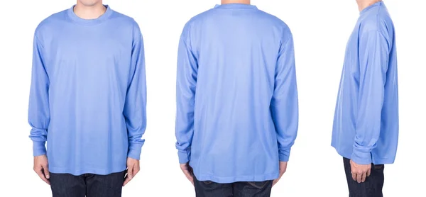 Man in blauw t-shirt met lange mouwen geïsoleerd op witte achtergrond — Stockfoto