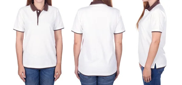 Жінка в білій сорочці поло ізольована на білому тлі — стокове фото