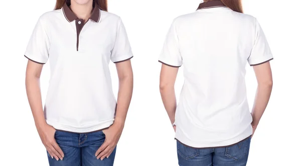 Mulher em camisa polo branco isolado no fundo branco — Fotografia de Stock