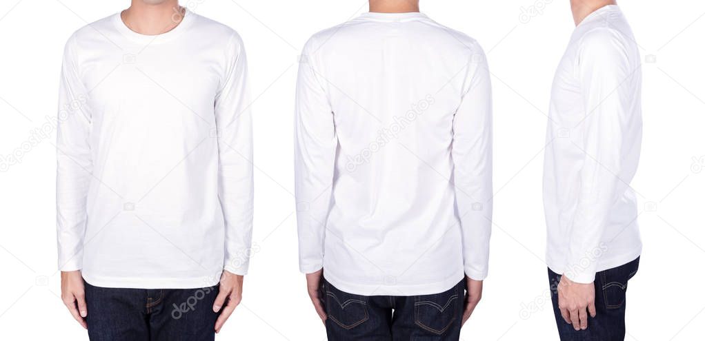 man in white long sleeve t-shirt isolated on white background