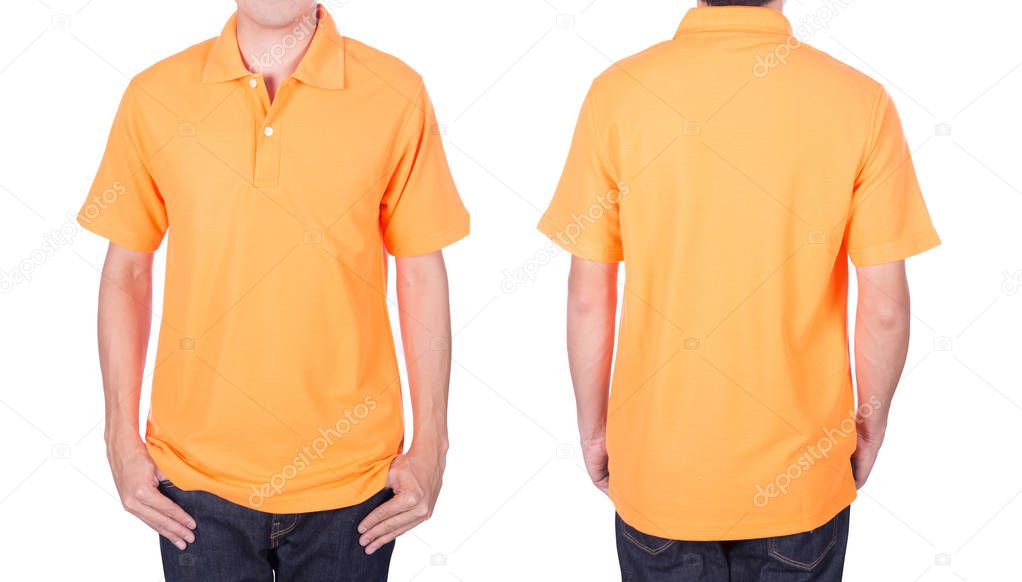 man with orange polo shirt on white background