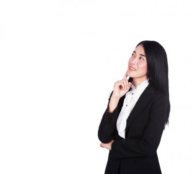 iş kadını gülümseyen ve beyaz arka plan üzerinde izole düşünme