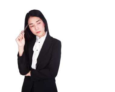 beyaz zemin üzerinde izole düşünme iş kadını